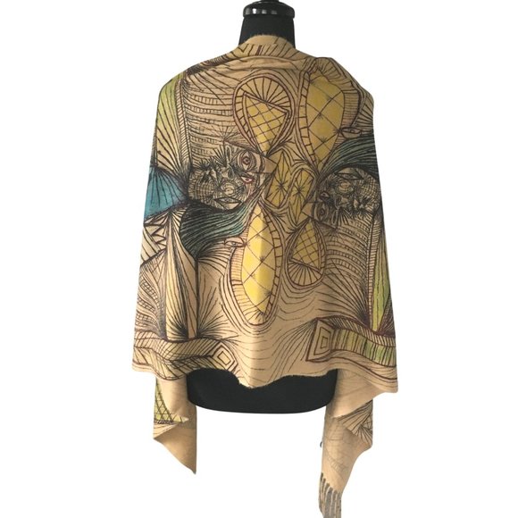 Cubist Abstract Art Line Drawing Flannel Buttoned Wrap Shawl Poncho Scarf - Picture 7 of 16